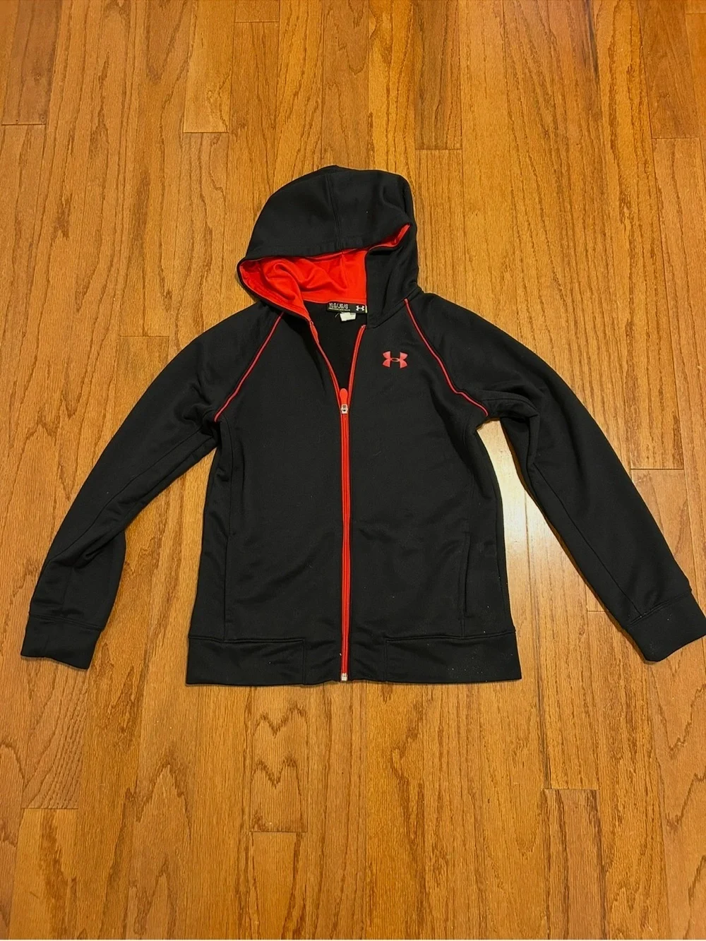 Under Armour Girls Black Red Full Zip Hoodie YLG Athletic Gym Athletics